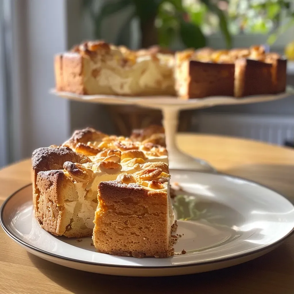 Side view of a juicy fig cake with a golden crust and fresh figs on top.