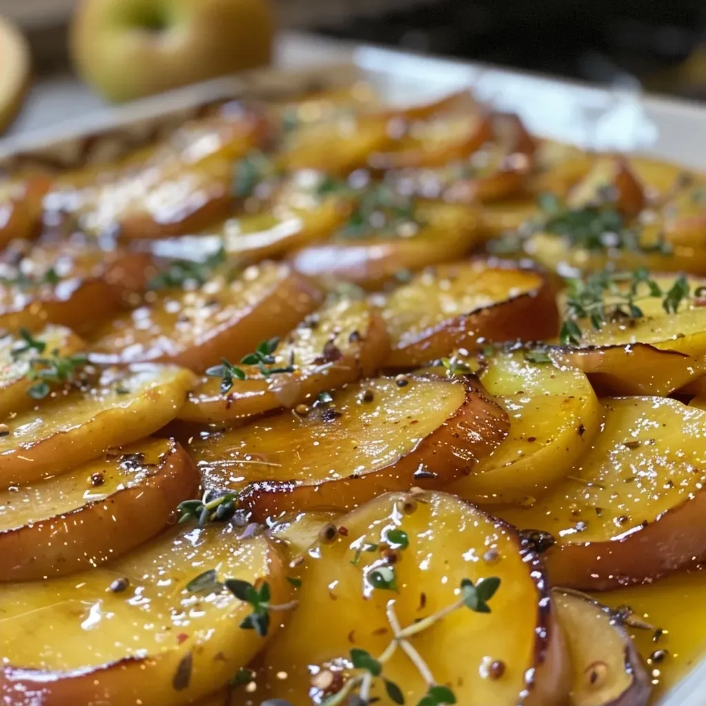 Juicy, caramelized quince arranged elegantly in a dish, topped with ice cream.