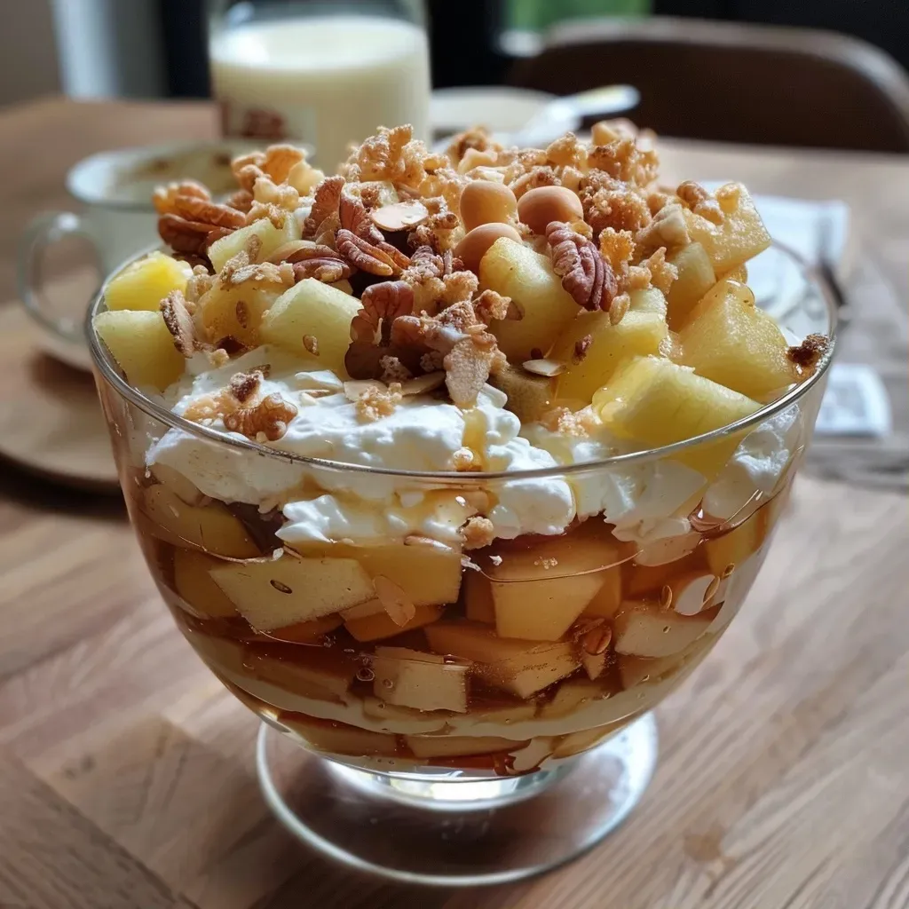 Close-up view of a layered apple caramel trifle with cream and apples.