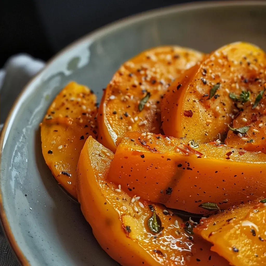 Side view of perfectly roasted Hokkaido pumpkin cubes, glistening with olive oil.