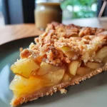 A close-up view of a healthy apple crumble cake showcasing its juicy layers and texture.