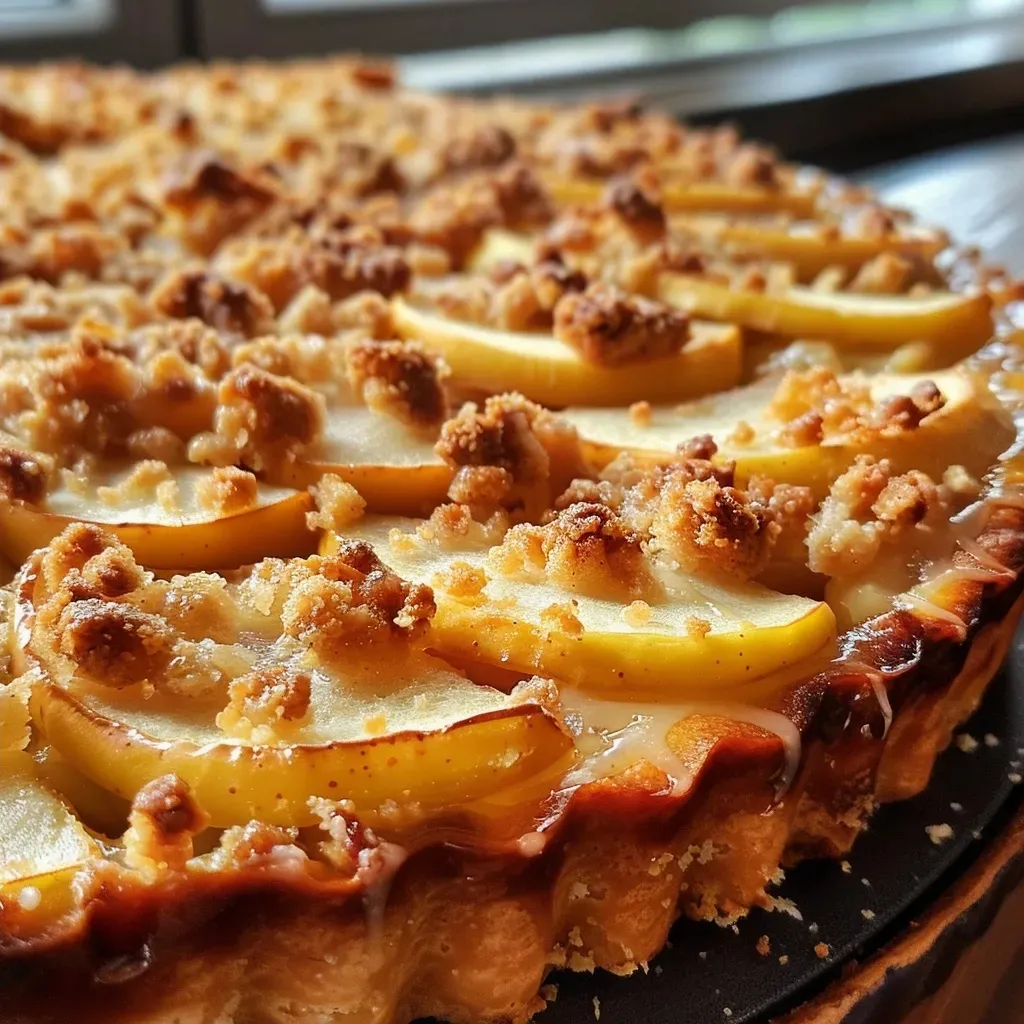 Side view of a delicious high-protein apple crumble cake with visible apple chunks and a golden topping.