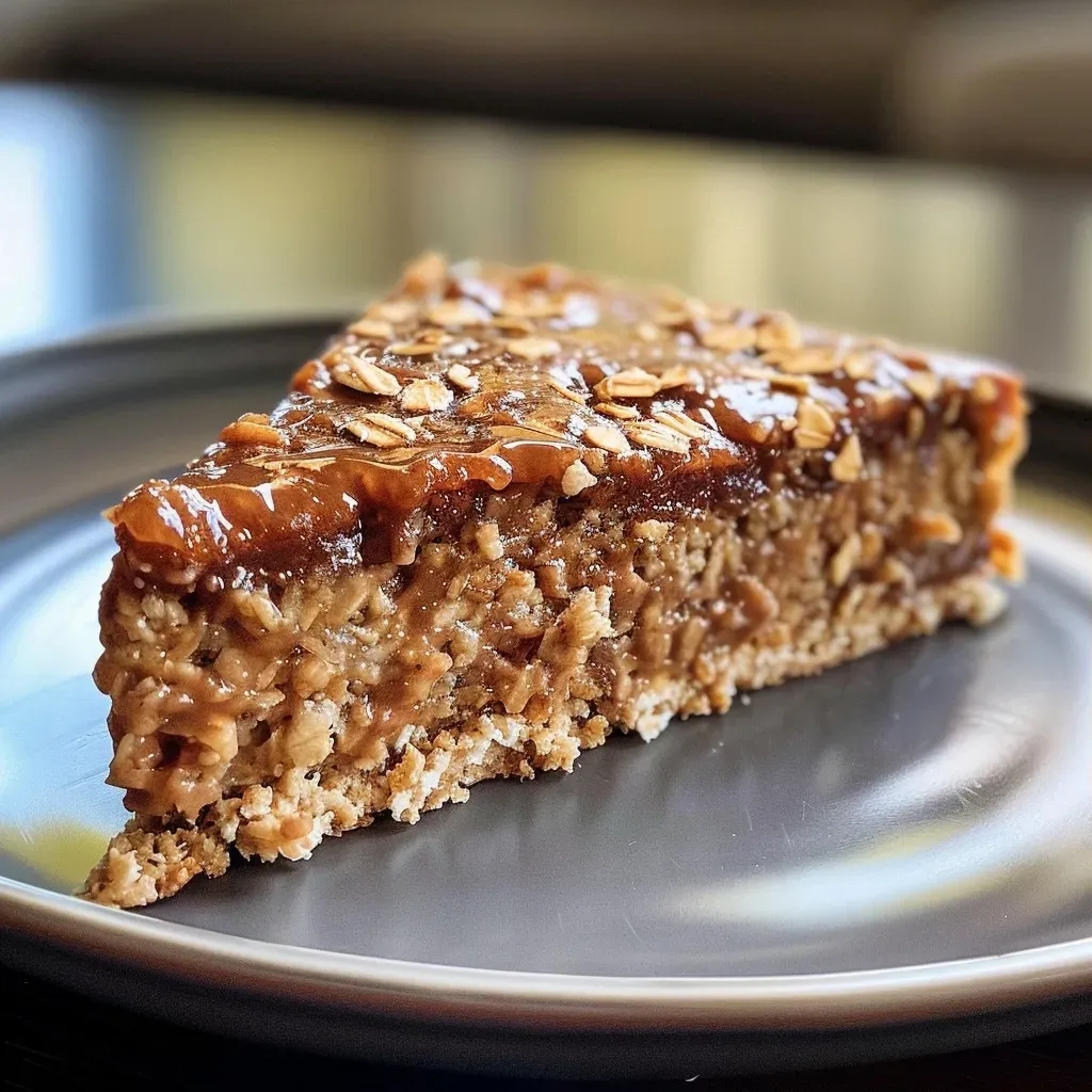 Close-up view of a healthy cheesecake slice with a creamy texture and a golden oat crust.
