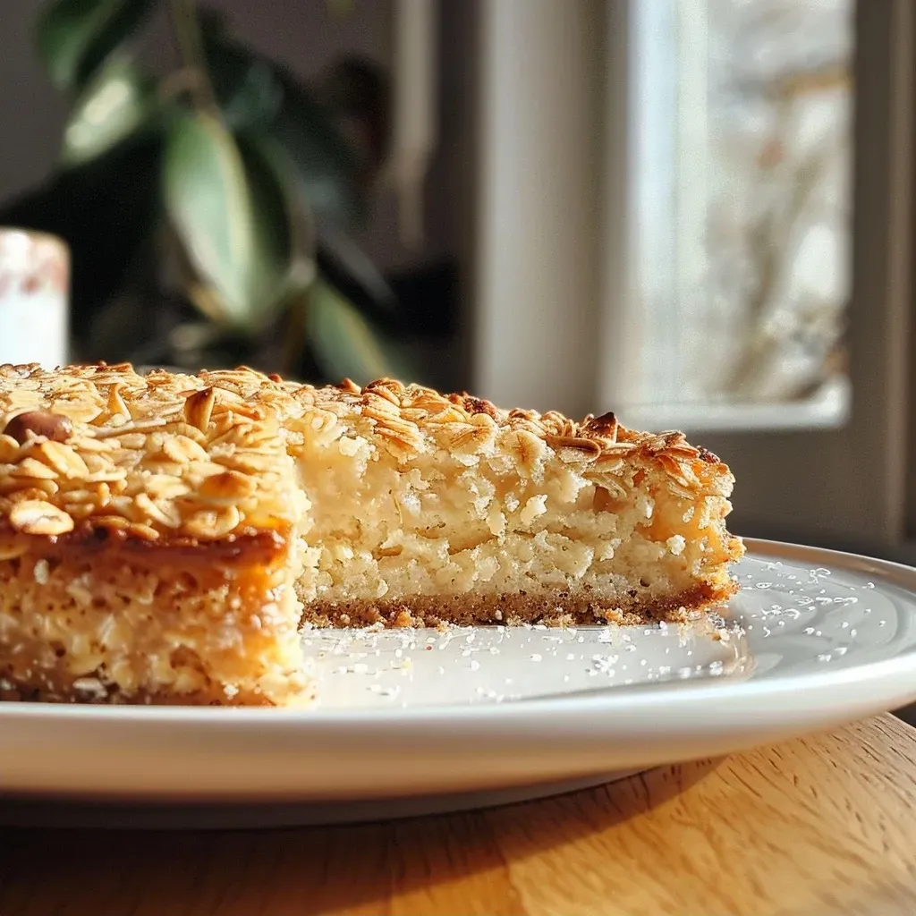 Side view of a delicious Gesunder Käsekuchen topped with cocoa powder, showcasing its layers.