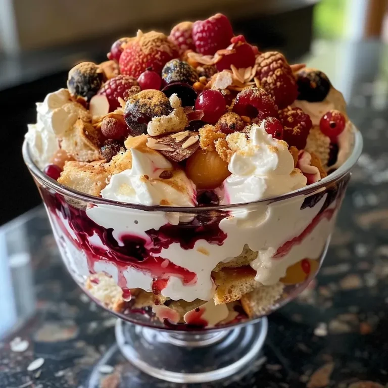 Fruchtiges Glück im Glas: Gesundes glutenfreies Trifle für Naschkatzen A close-up view of a gluten-free trifle layered with mixed berries and yogurt.