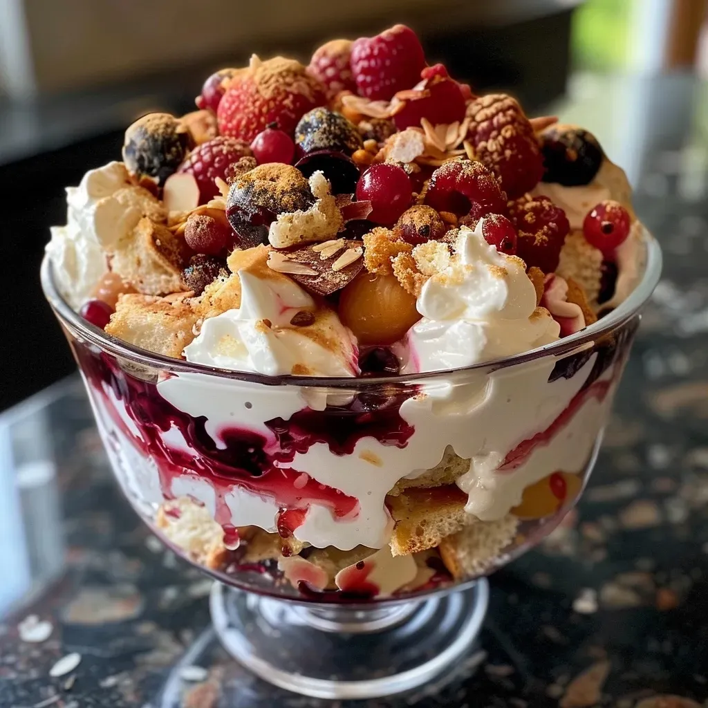 A close-up view of a gluten-free trifle layered with mixed berries and yogurt.