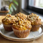 A close-up side view of gluten-free pumpkin muffins with a soft texture and golden-brown tops.