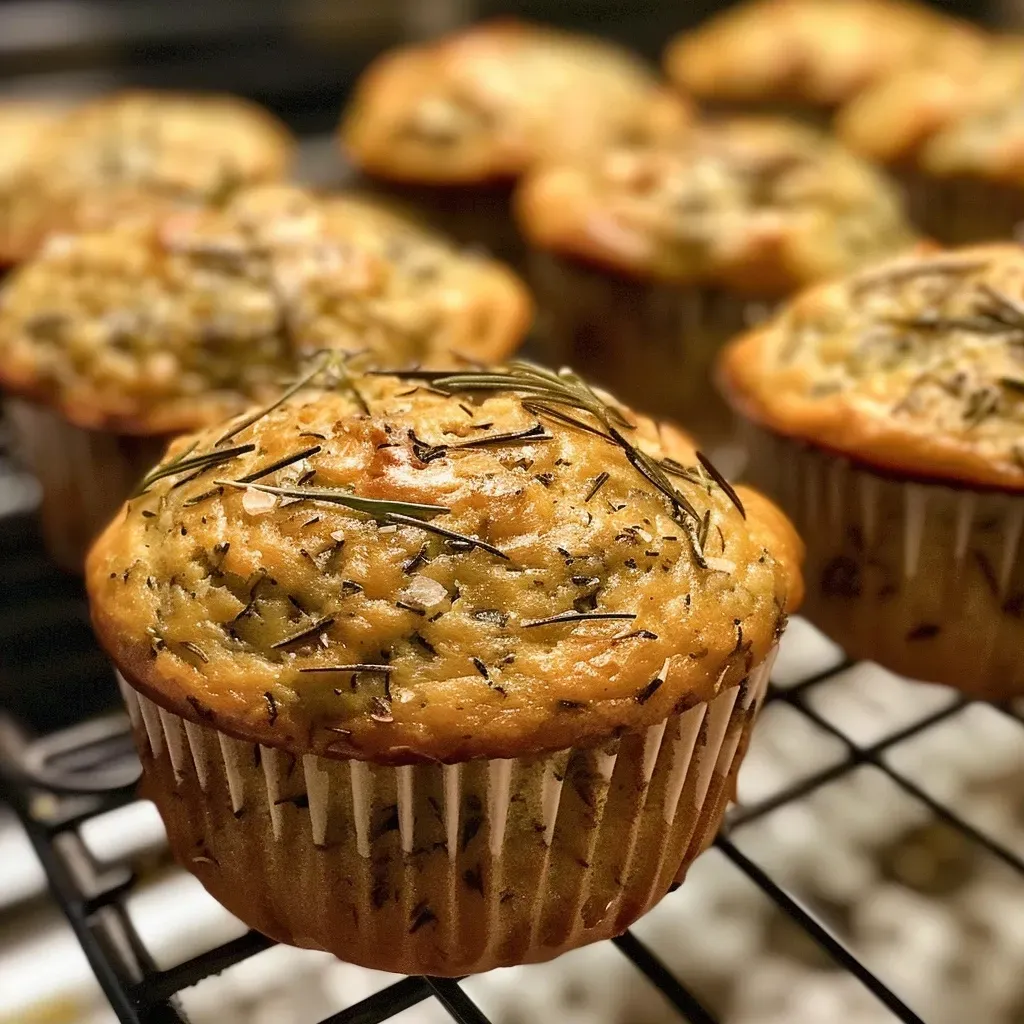 Close-up of golden brown herb muffins with a textured crust.