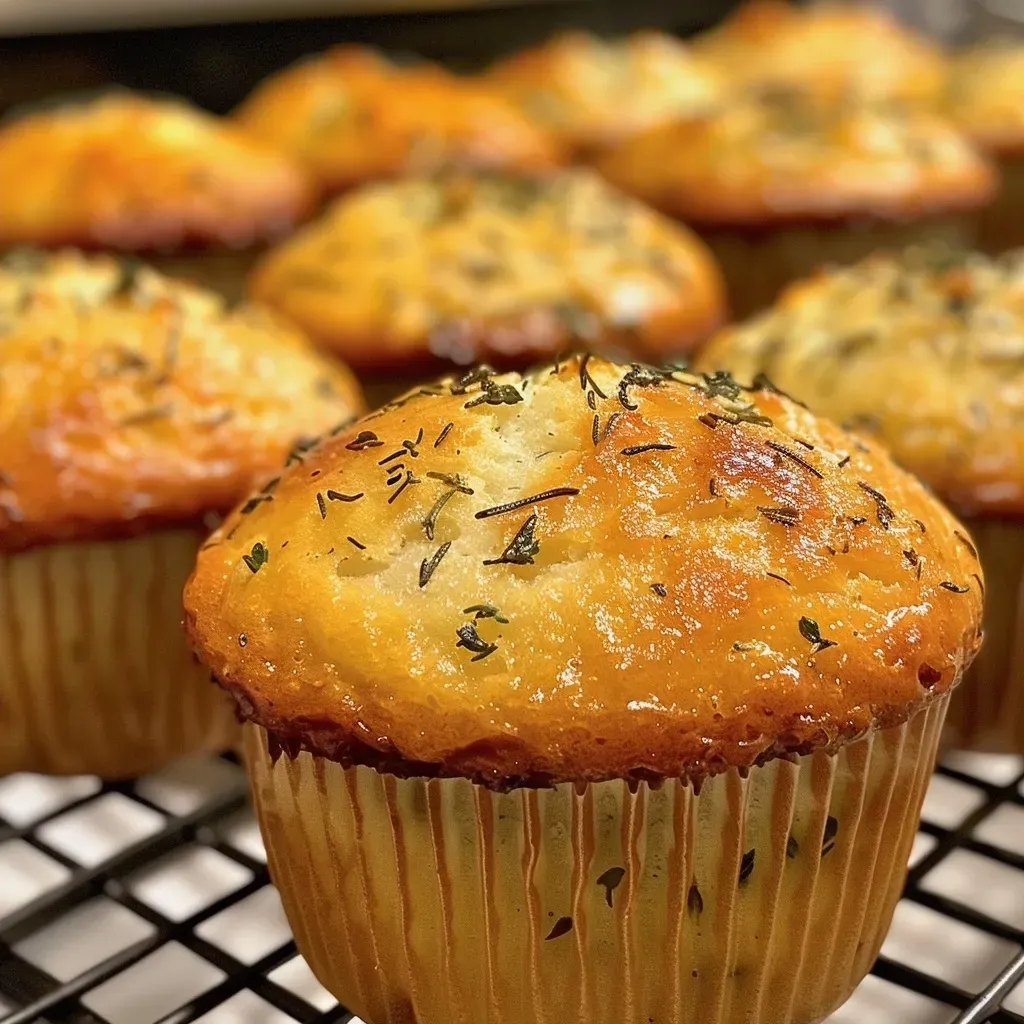 Side view of freshly baked savory herb muffins on a wooden table.