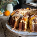 Close-up view of a moist cake with apples and walnuts, topped with powdered sugar.