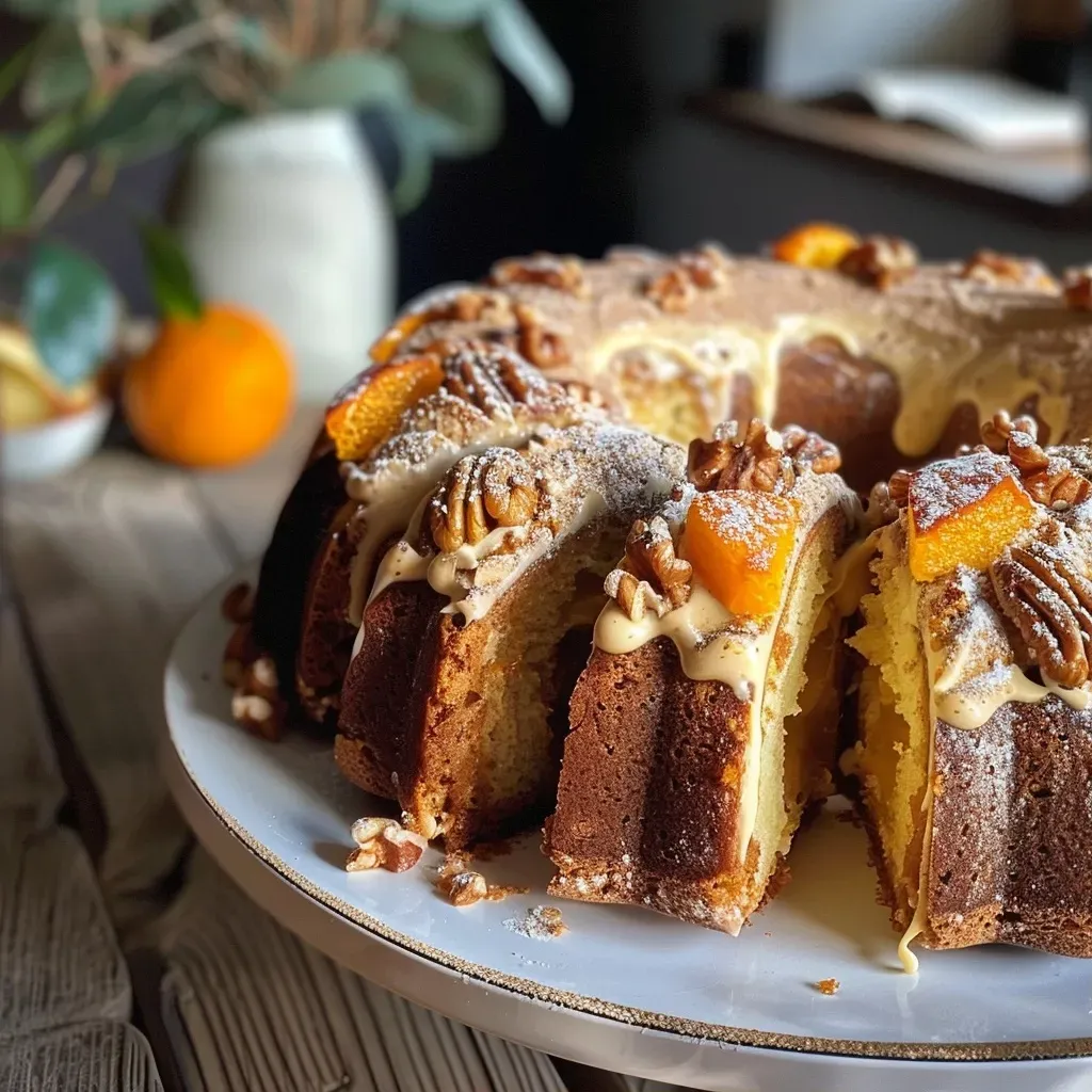 Close-up view of a moist cake with apples and walnuts, topped with powdered sugar.