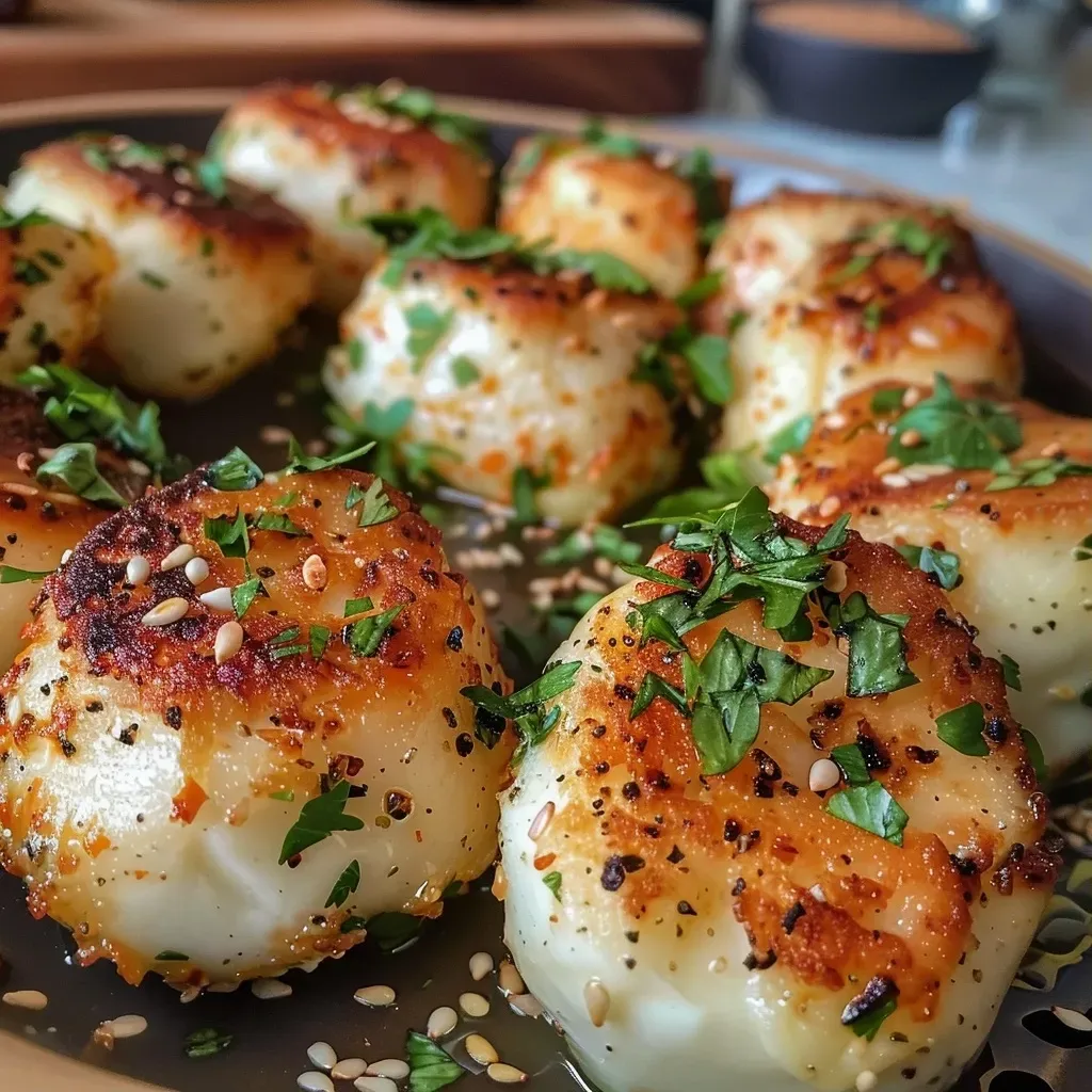 Close-up of golden herzhafte Quarkbällchen, crispy on the outside and soft inside.