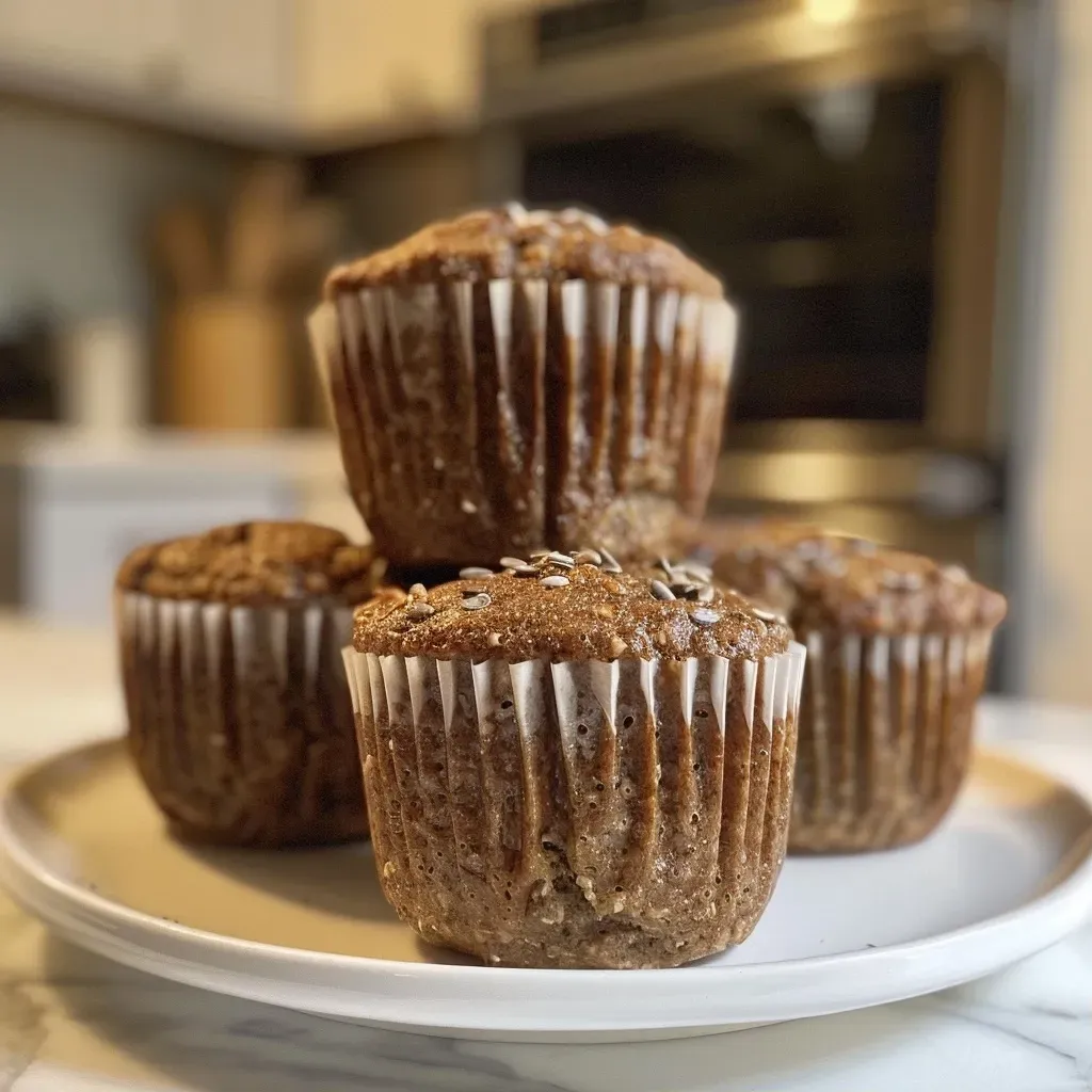 Close-up view of moist High Fiber Protein Muffins with a golden-brown crust.