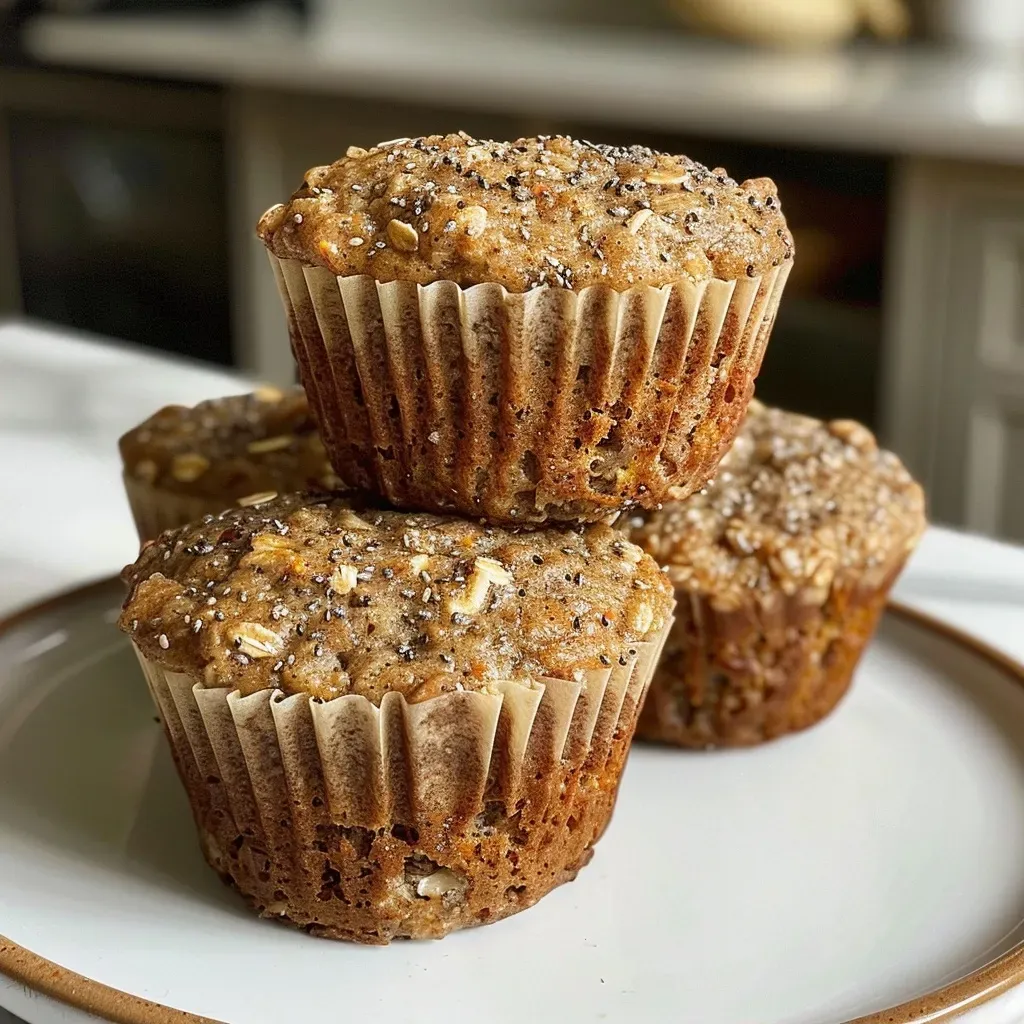 Side angle of freshly baked High Fiber Protein Muffins showcasing their texture and ingredients.
