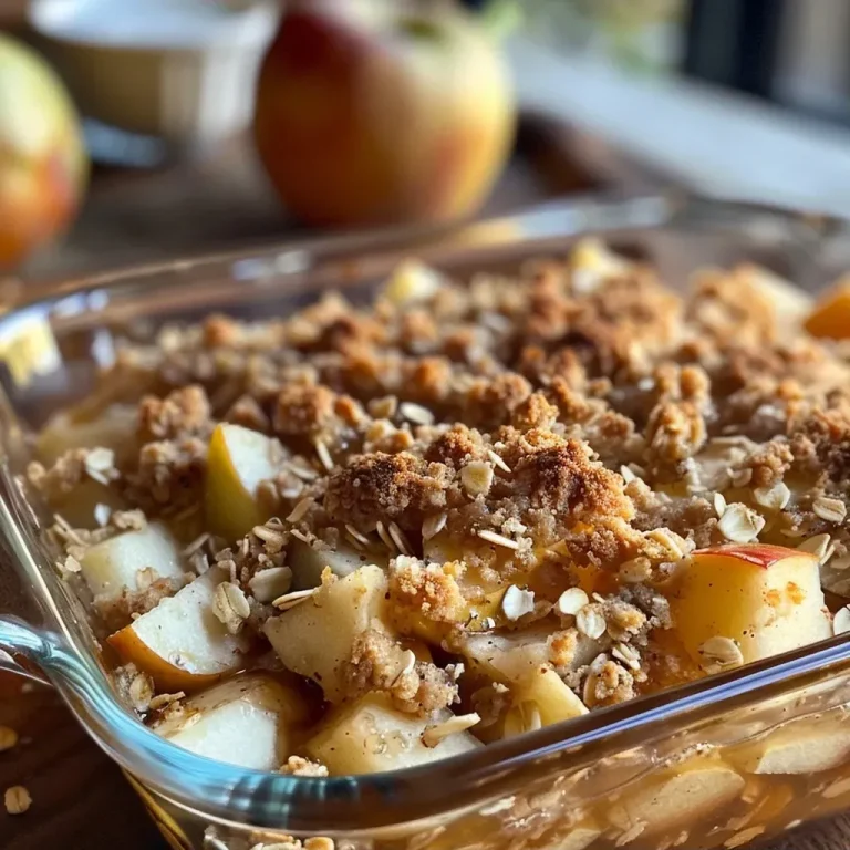 Gesunder Genuss: Proteinreicher Apfel-Crumble für gute Laune Close-up of a baked apple crumble with a golden topping and visible apple chunks.