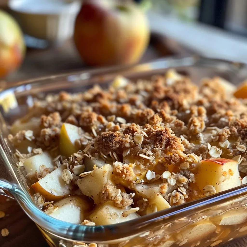 Close-up of a baked apple crumble with a golden topping and visible apple chunks.