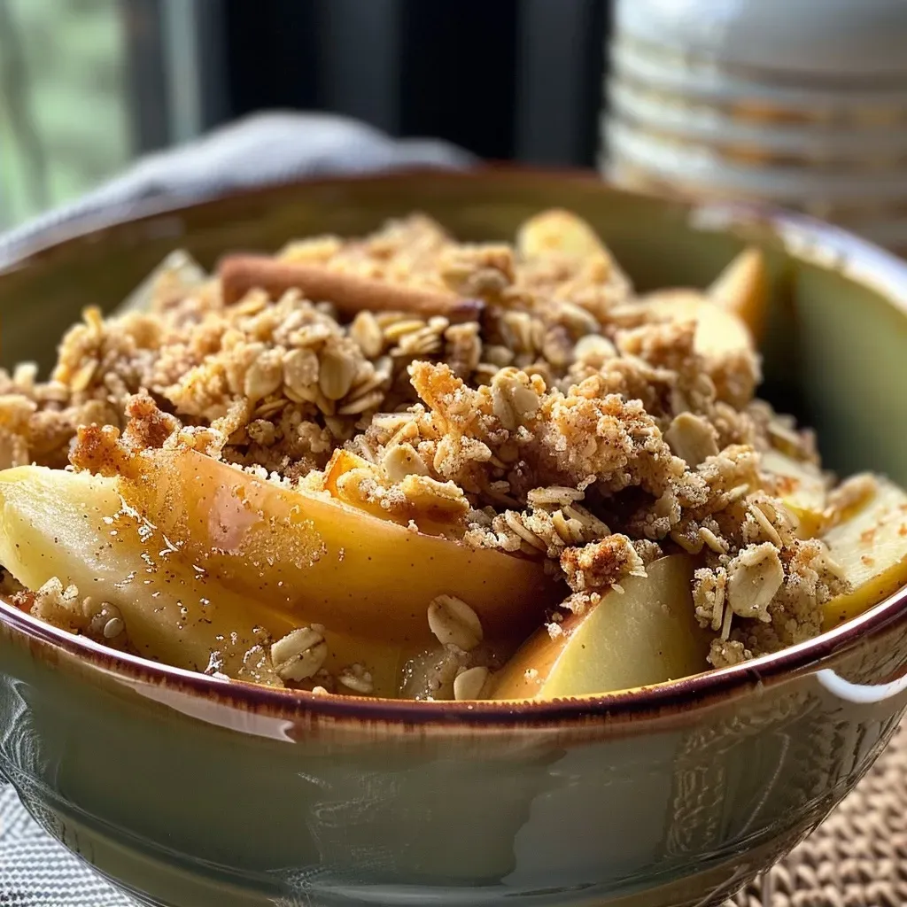 Side view of a delicious high protein apple crumble served in a dish.
