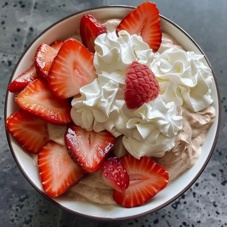 Leichte Erdbeer-Mousse mit jeder Menge Protein – Ein himmlisches Dessert A close-up side view of high-protein strawberry mousse in a glass, with fresh strawberries on the side.