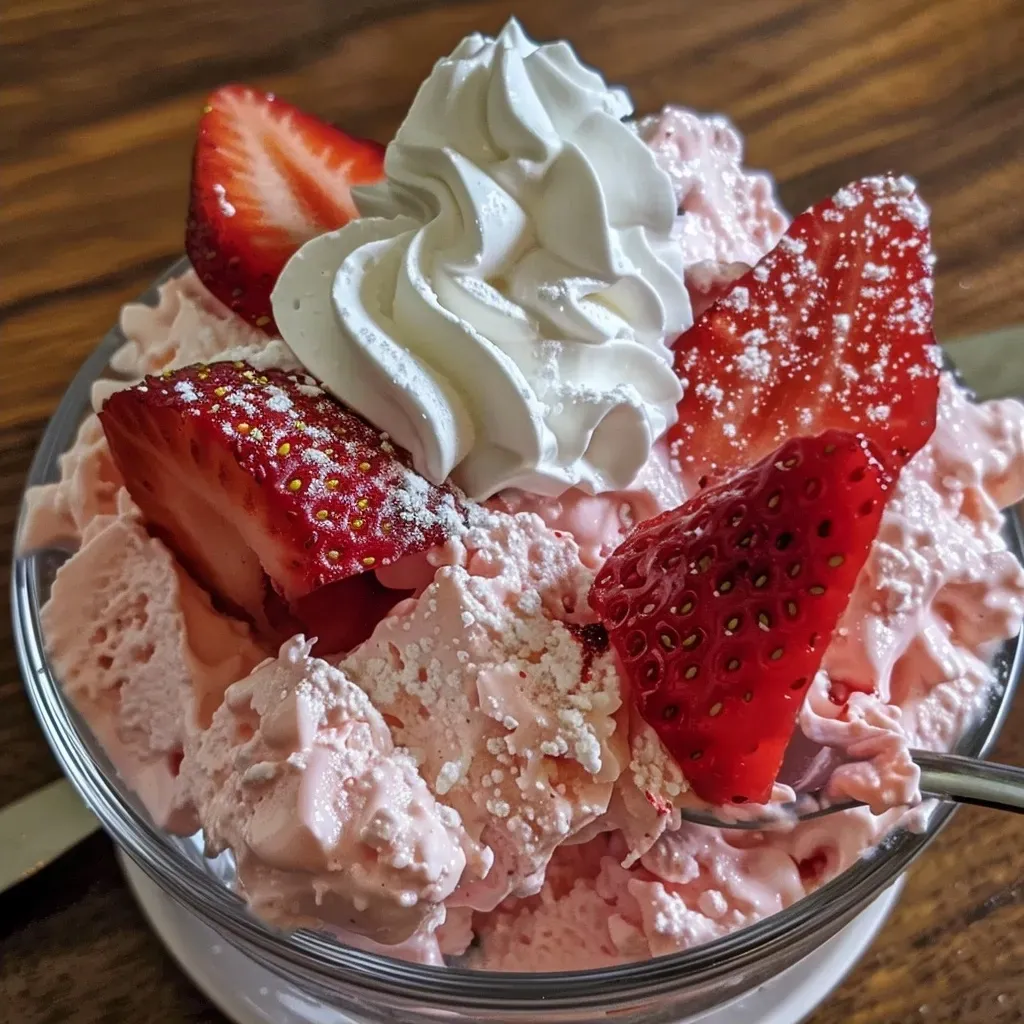 Creamy strawberry mousse topped with a dollop of whipped topping, showcased in a clear glass.