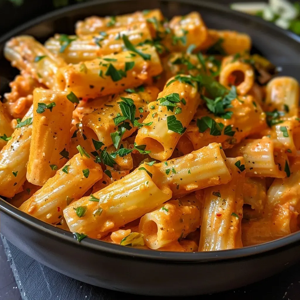 Savory dish of Kürbisnudeln featuring rigatoni and vibrant orange pumpkin.