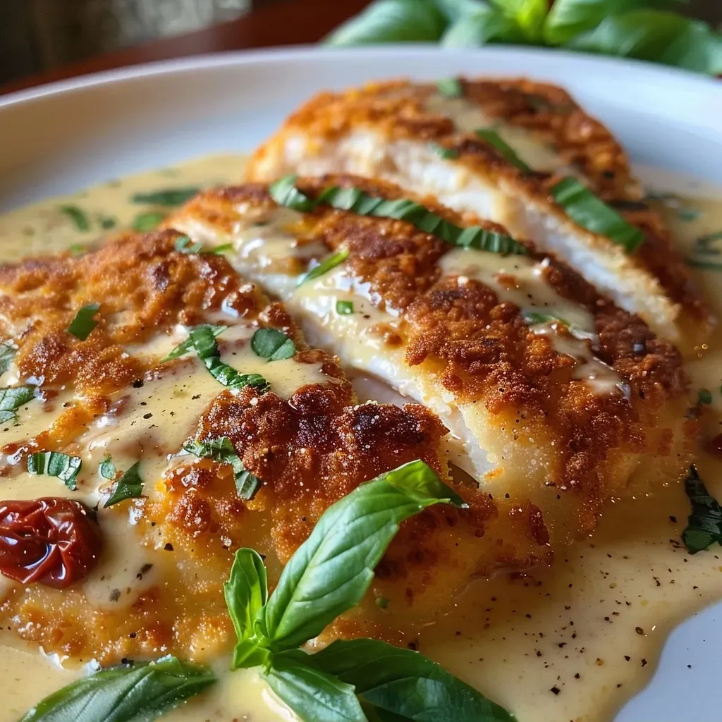 Close-up view of Marry Me Chicken with a creamy sauce and sun-dried tomatoes.