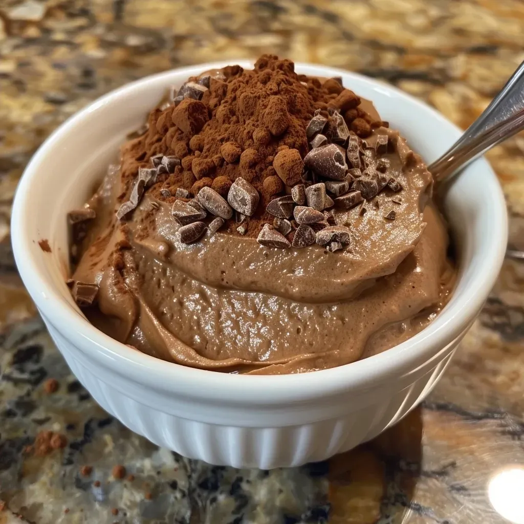 Rich, dark chocolate mousse with a smooth texture in a dessert cup.