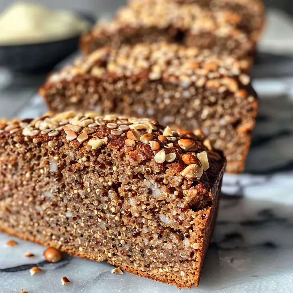 Detailed view of moist, cinnamon-spiced high-protein cake slices garnished with walnuts.