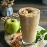 A close-up view of baked oats topped with apple slices and a sprinkle of cinnamon.