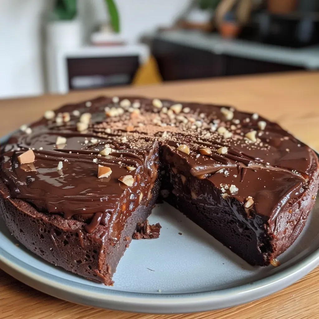 Side view of a rich chocolate protein cake showcasing its soft texture and glossy surface.