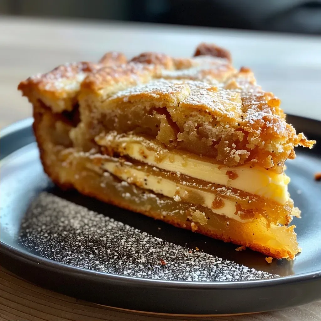 A close-up view of a side slice of Pflaumenkuchen topped with juicy plums.