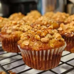 A close-up side view of a caramel apple muffin showcasing its golden-brown crust and moist texture.