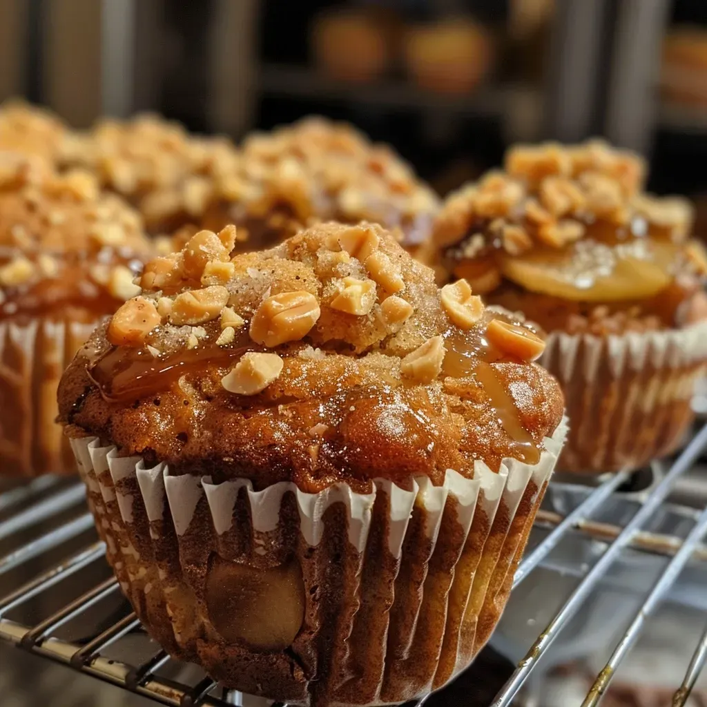 Juicy caramel apple muffins with a golden-brown crust and visible apple pieces.