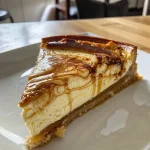Close-up side view of a Karamell Cheesecake ohne Backen, highlighting its creamy layers and caramel drizzle.