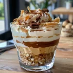 Close-up view of a layered caramel dessert in a glass, showcasing the creamy texture.
