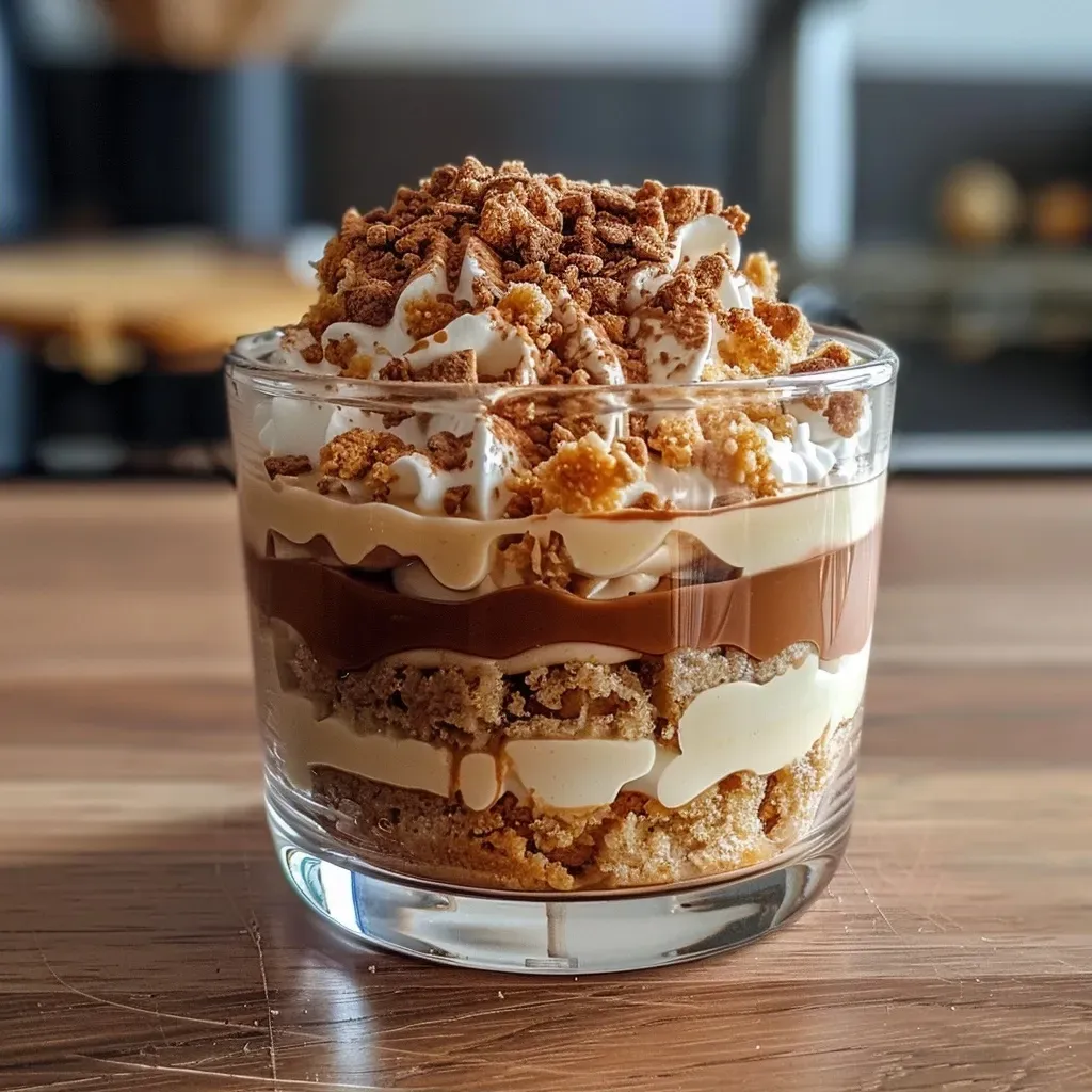 Side view of a delicious caramel dessert served in a clear glass, highlighting its multi-layered composition.