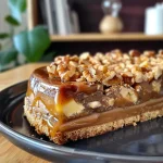 Close-up side view of Karamell-Nuss-Kuchen with a glossy caramel topping and walnut pieces.