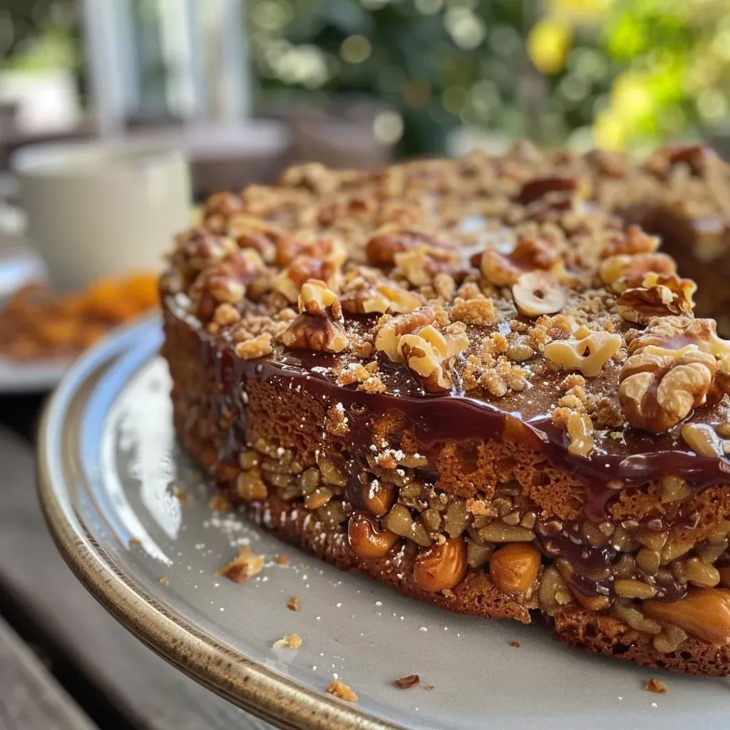 Juicy Karamell-Nuss-Kuchen showing rich caramel glaze and chopped walnuts in detail.