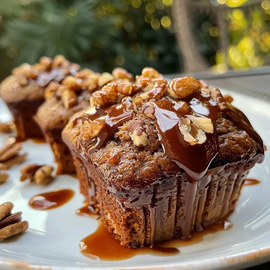 Juicy Karamell-Nuss-Muffins displayed from the side, highlighting the dark chocolate and caramel layers.