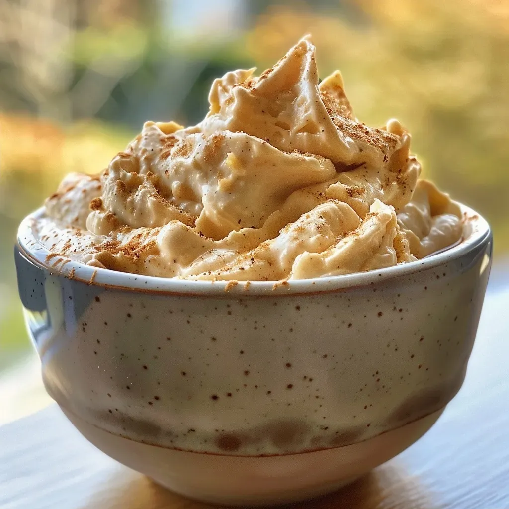 Side profile of a luscious caramel cream with a hint of cinnamon and a dollop of whipped cream.