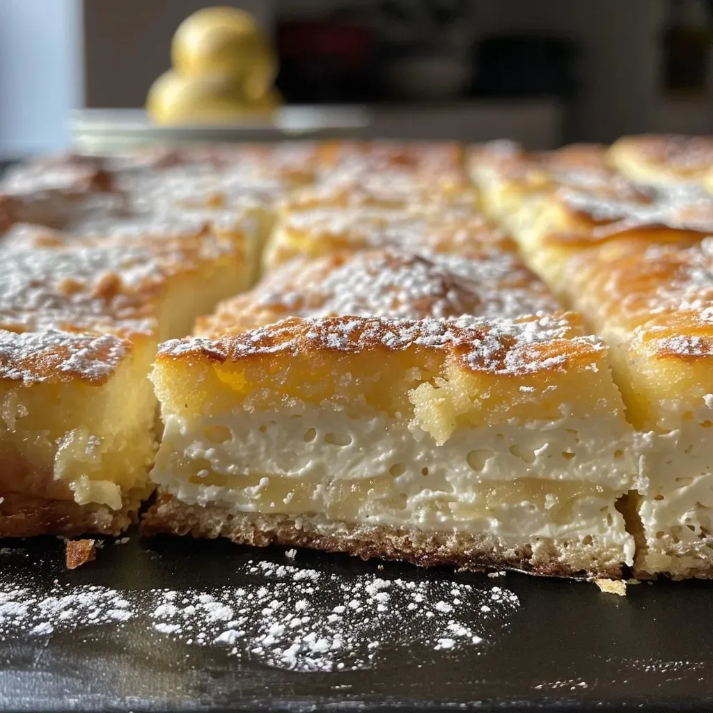 Side view of a golden-brown Käsekuchen showing a creamy filling and a crumbly crust.