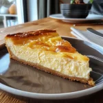 Close-up side view of a juicy high-protein Käsekuchen on a plate.