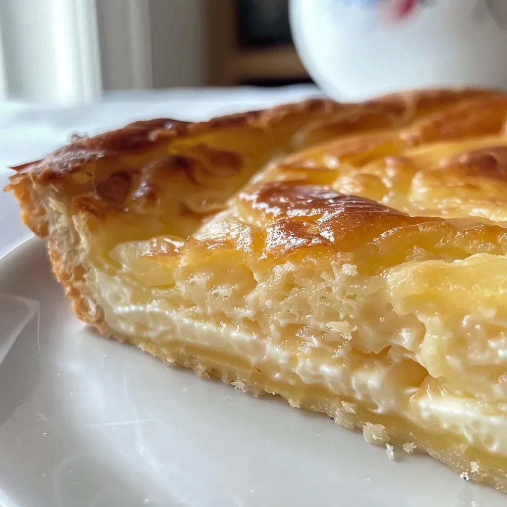 A side view of a luscious Käsekuchen, showcasing its creamy texture and golden crust.