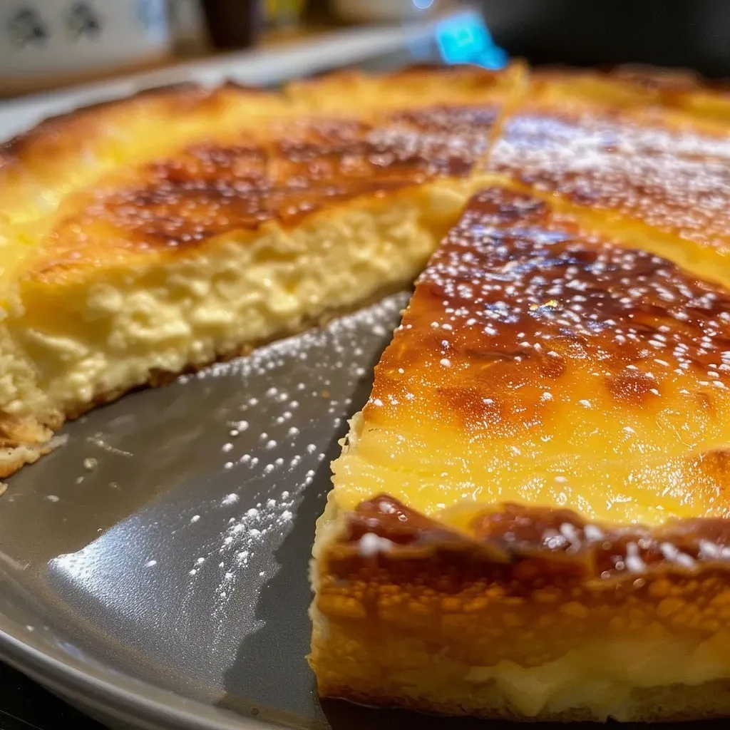 Close-up shot of a delicious Käsekuchen, highlighting its rich filling and crumbly base.