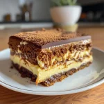 Close-up of a rich Kastanientorte with chocolate and chestnut layers.