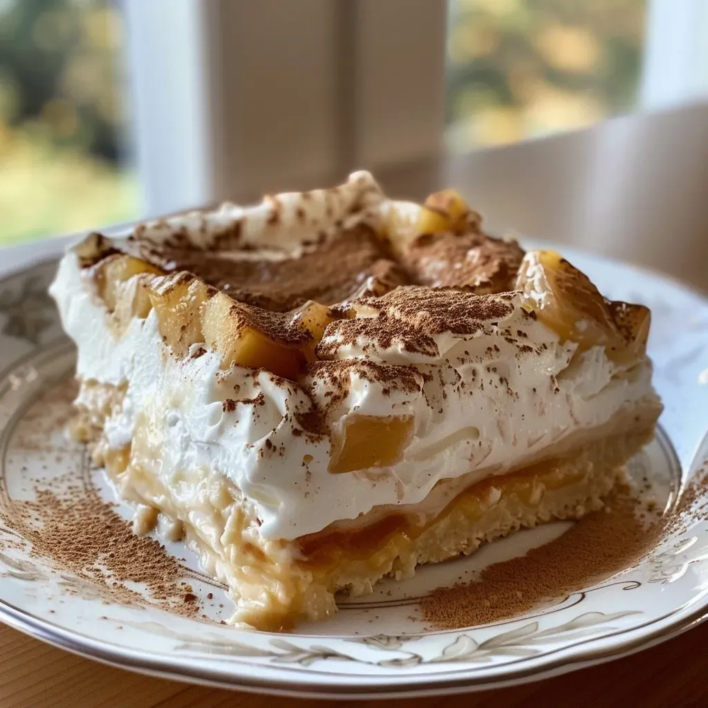 A delectable slice of Keine Backen Kürbis-Püree dessert topped with whipped cream and cinnamon.