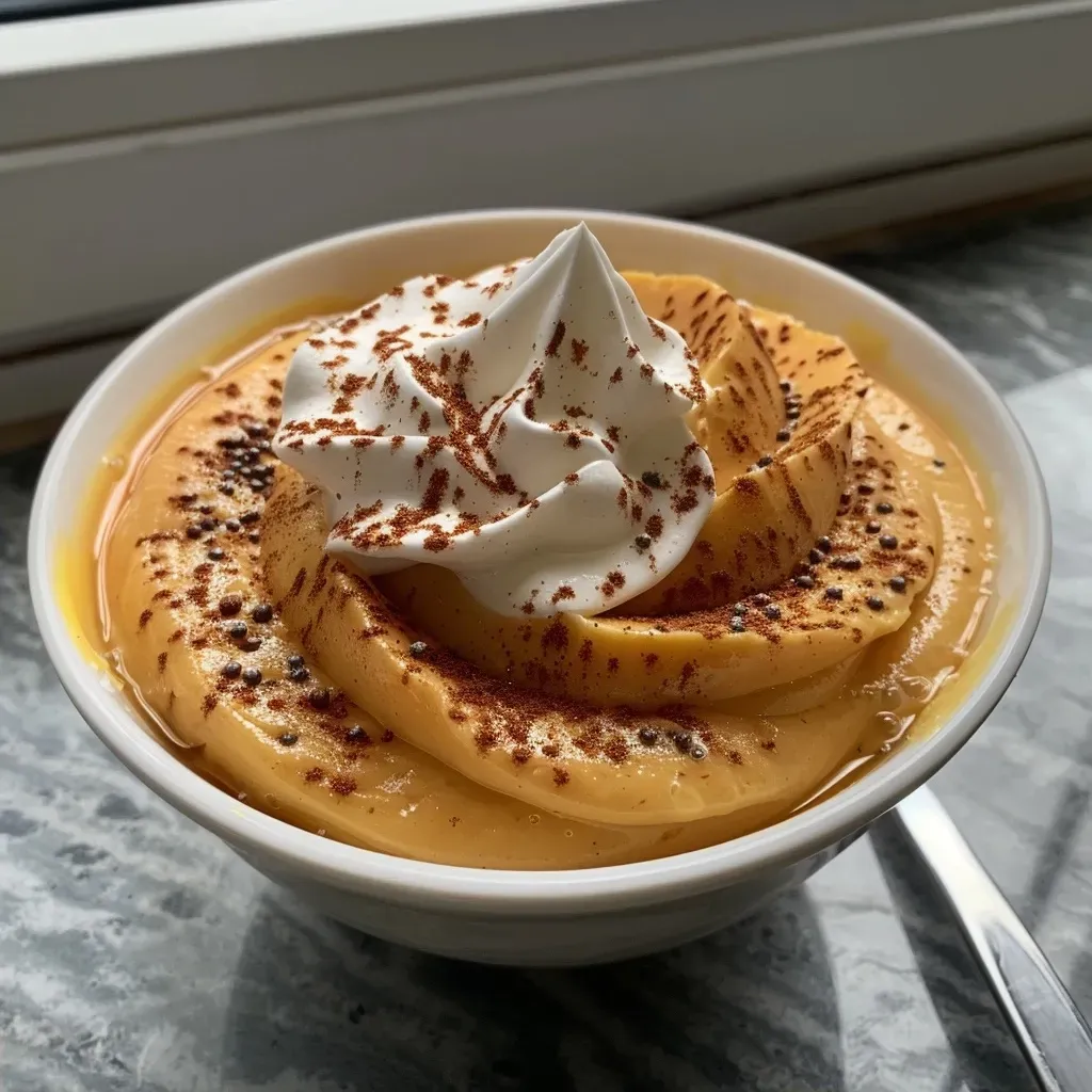 Close-up view of a creamy pumpkin puree dessert with a rich orange hue and a sprinkle of spices.