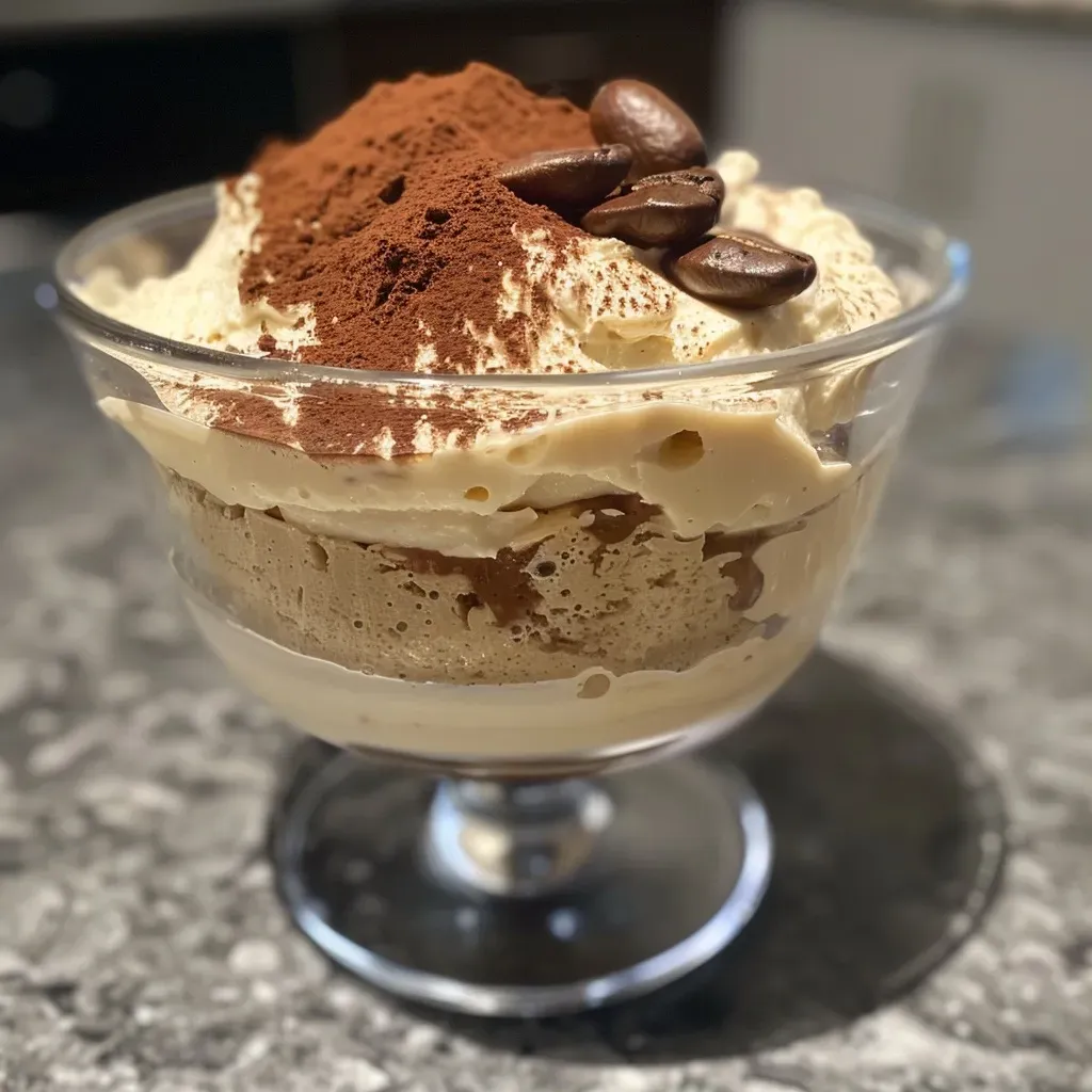 A close-up view of a creamy Keto Tiramisu Mousse topped with cocoa powder and coffee beans.