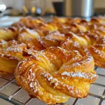 Close-up view of Kokosmakronen with a golden-brown exterior and coconut flakes.