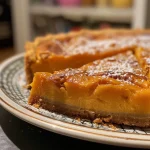 Close-up of a slice of Kürbis-Blechkuchen on a plate, highlighting its moist texture.
