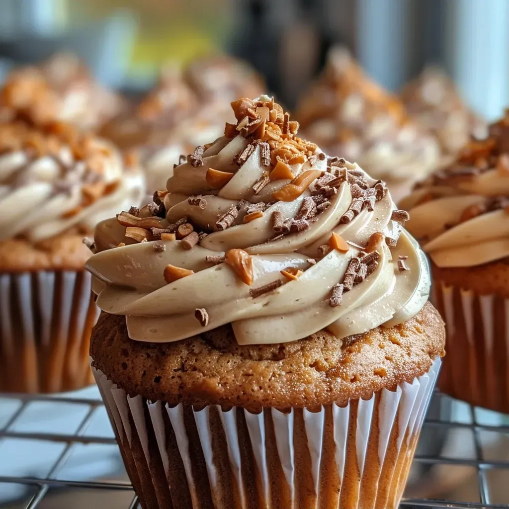 Close-up of Kürbis cupcakes topped with chocolate chips and cinnamon frosting.